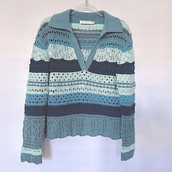 Jonathan Simkhai Roxana  Macrame Blue Striped Crop Crochet Sweater Top V-neck S - Picture 14 of 14